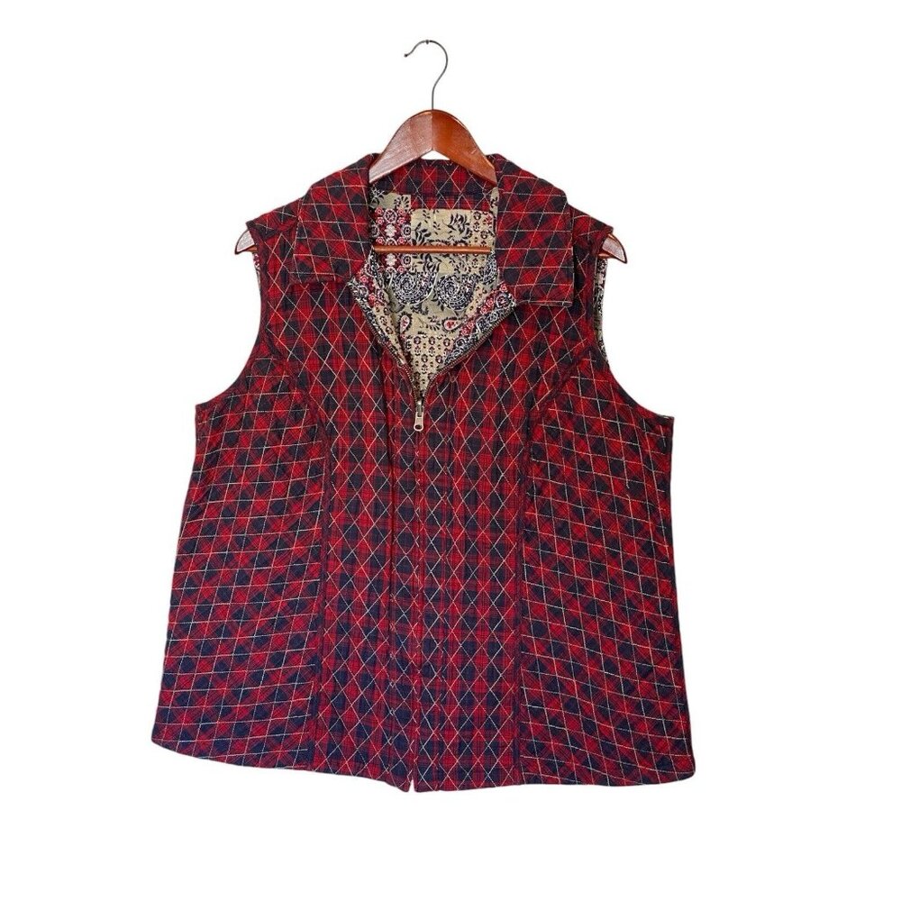 Quilted Reversible Full Zip Blue Red Paisley & Diagonal Plaid Women's Vest L